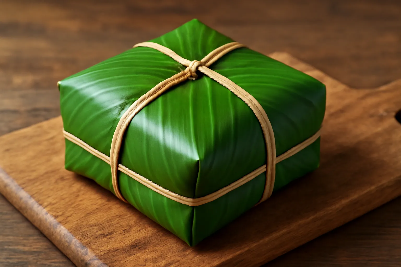 Chiếc bánh chưng vuông gói lá dong buộc lạt