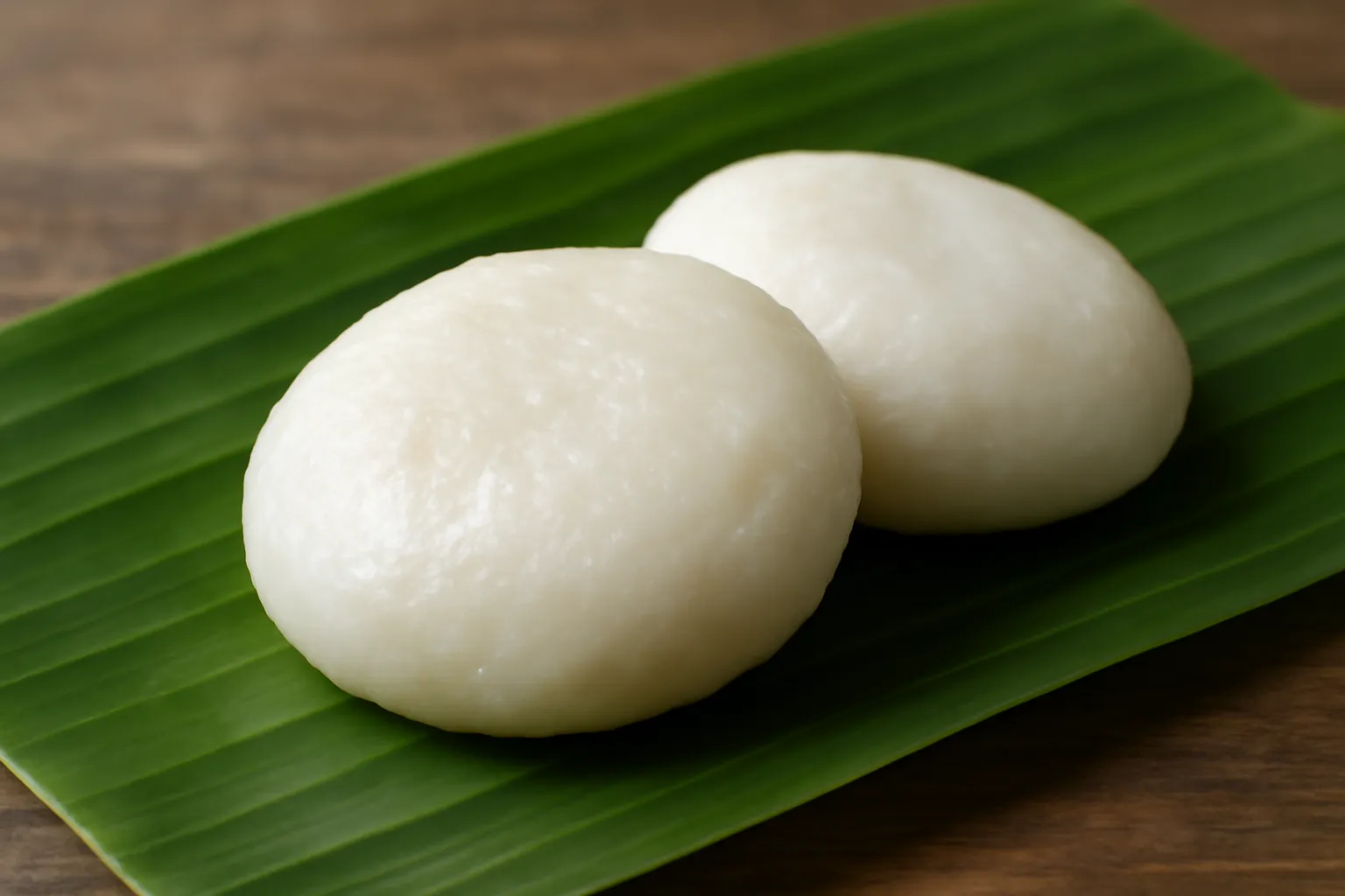 Hai chiếc bánh giầy trắng tròn đặt trên lá chuối