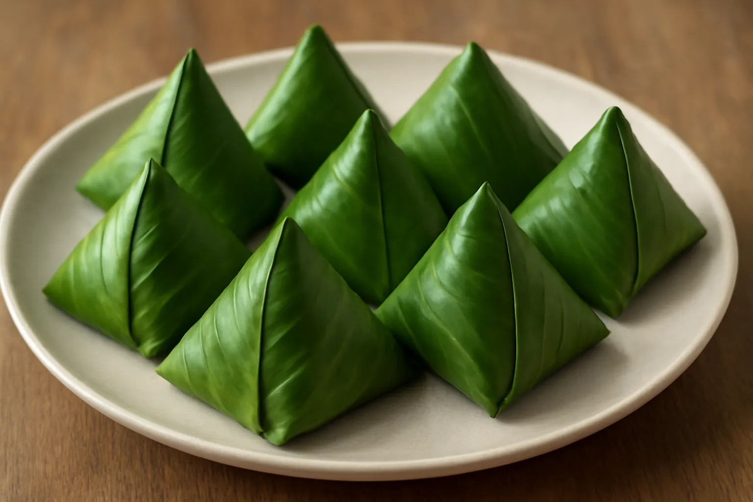 Mấy chiếc bánh ít gói lá chuối hình chóp xếp trên đĩa