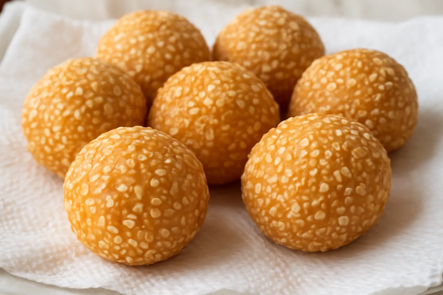 Mấy chiếc bánh rán tròn vàng rắc vừng trên giấy thấm