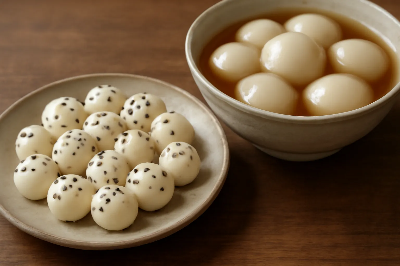 Đĩa bánh trôi trắng tròn rắc vừng và bát bánh chay