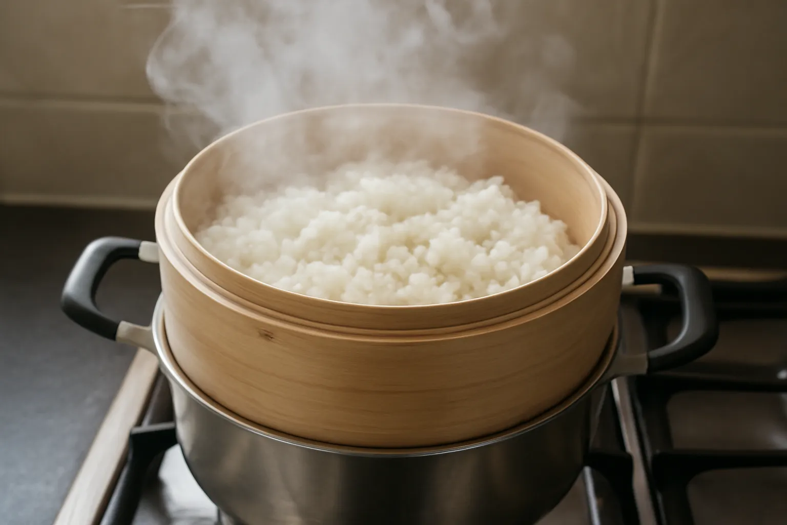Xửng hấp bốc hơi trên bếp với nếp trắng bên trong
