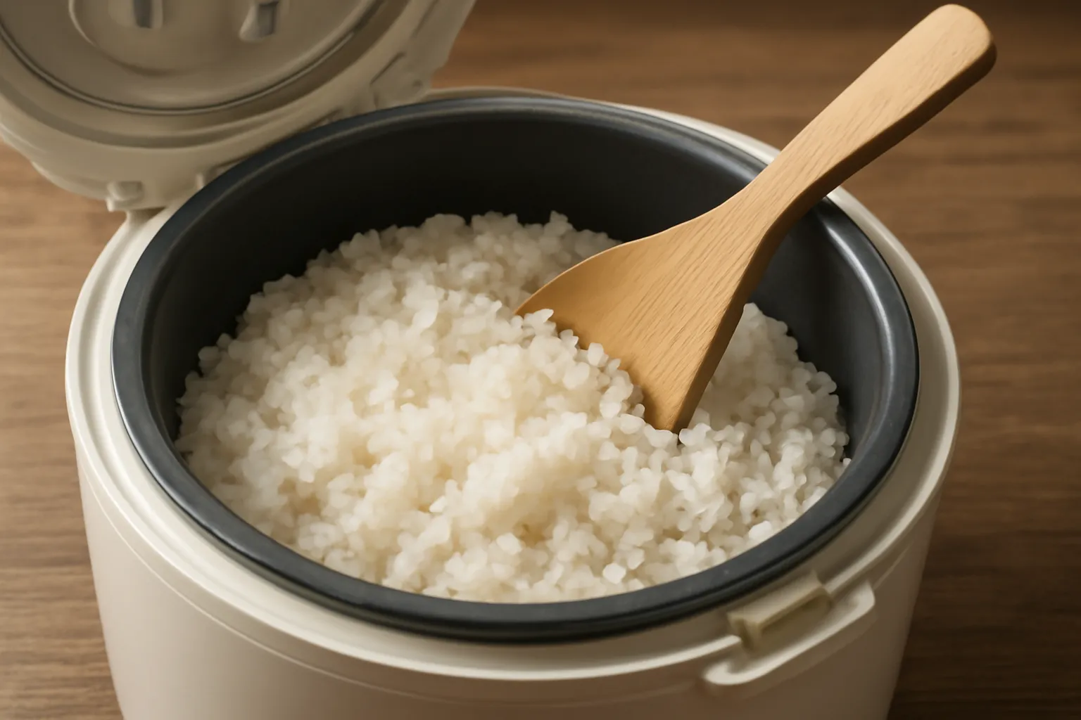 Nồi cơm điện mở nắp với xôi vừa chín bên trong