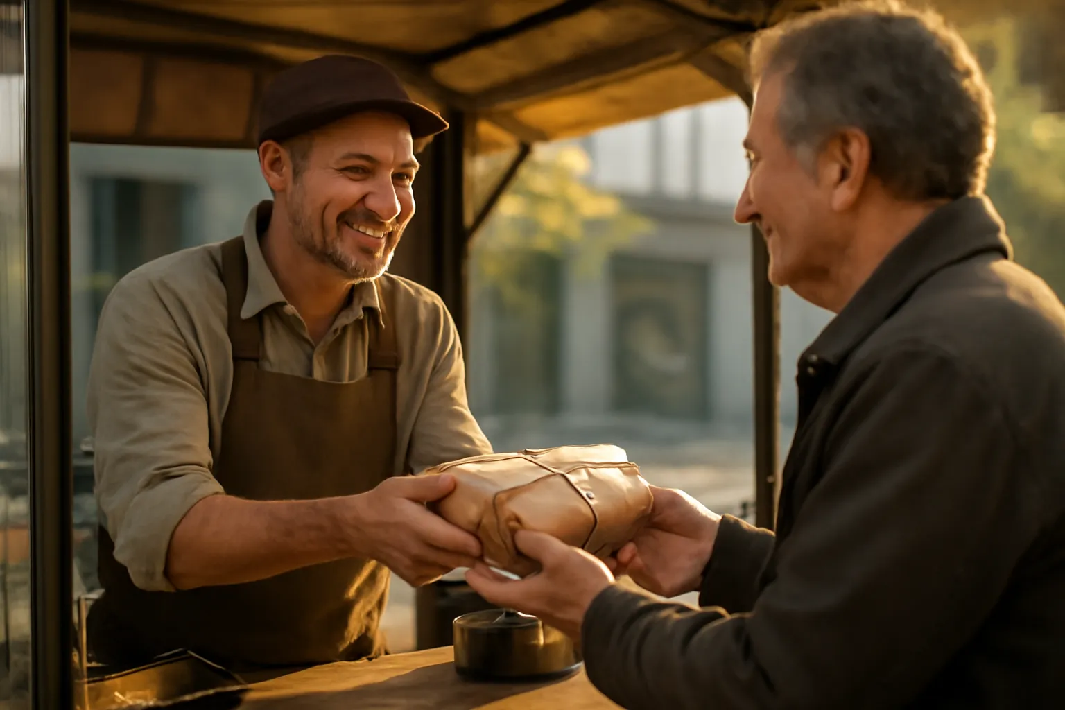 Người bán trao gói xôi cho khách quen buổi sáng