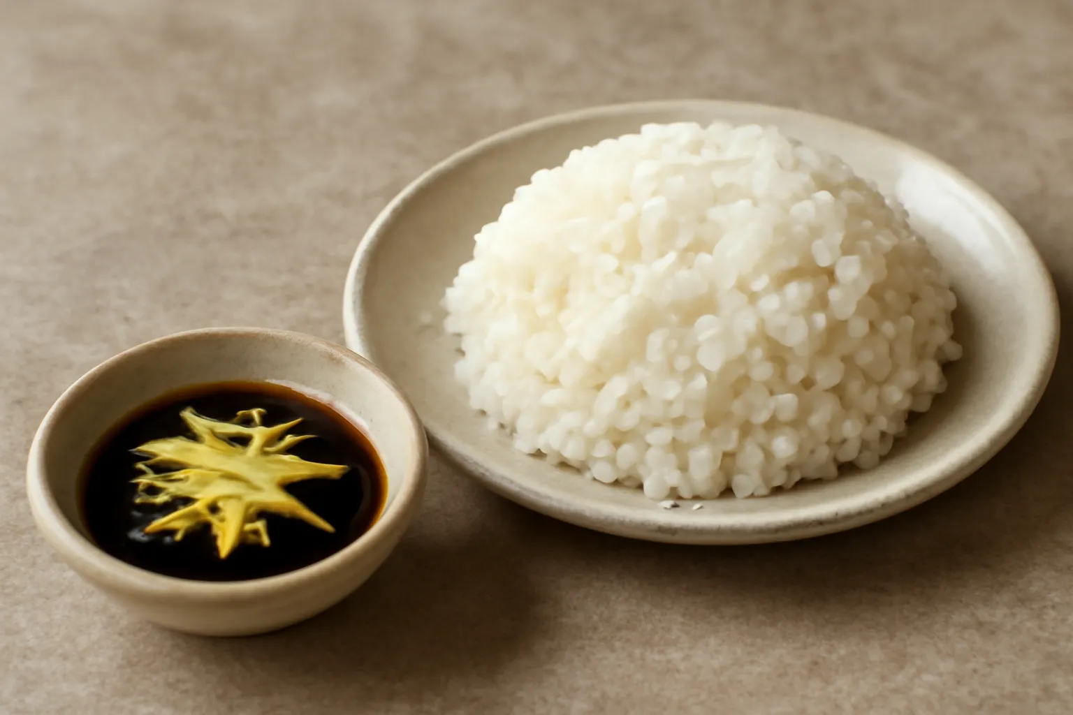 Chén nước tương gừng nhỏ bên cạnh đĩa xôi