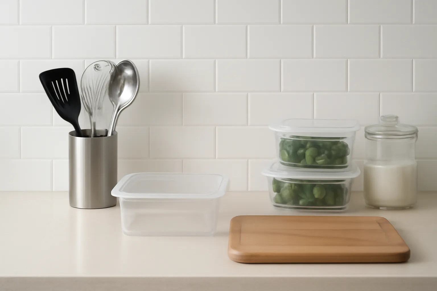 Bàn bếp sạch với dụng cụ xếp ngăn nắp